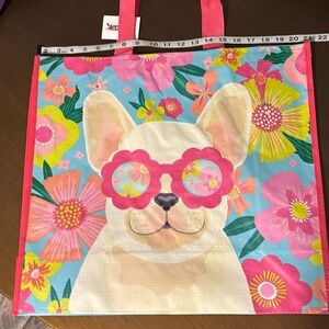 NWT Extra Large Extra Cute Bull Dog With Sunglasses Floral Shopping Bag